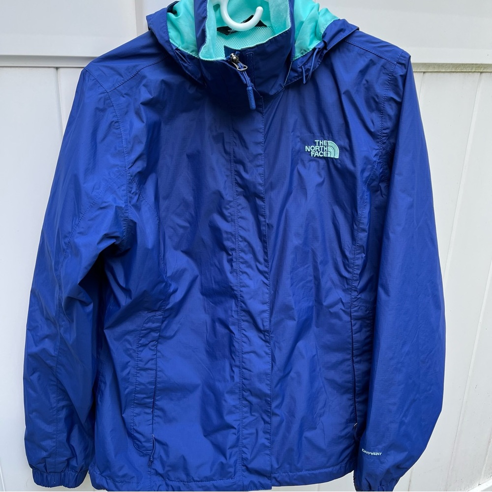 Water Resistant The North Face Rain Jacket, Blue and Turquoise